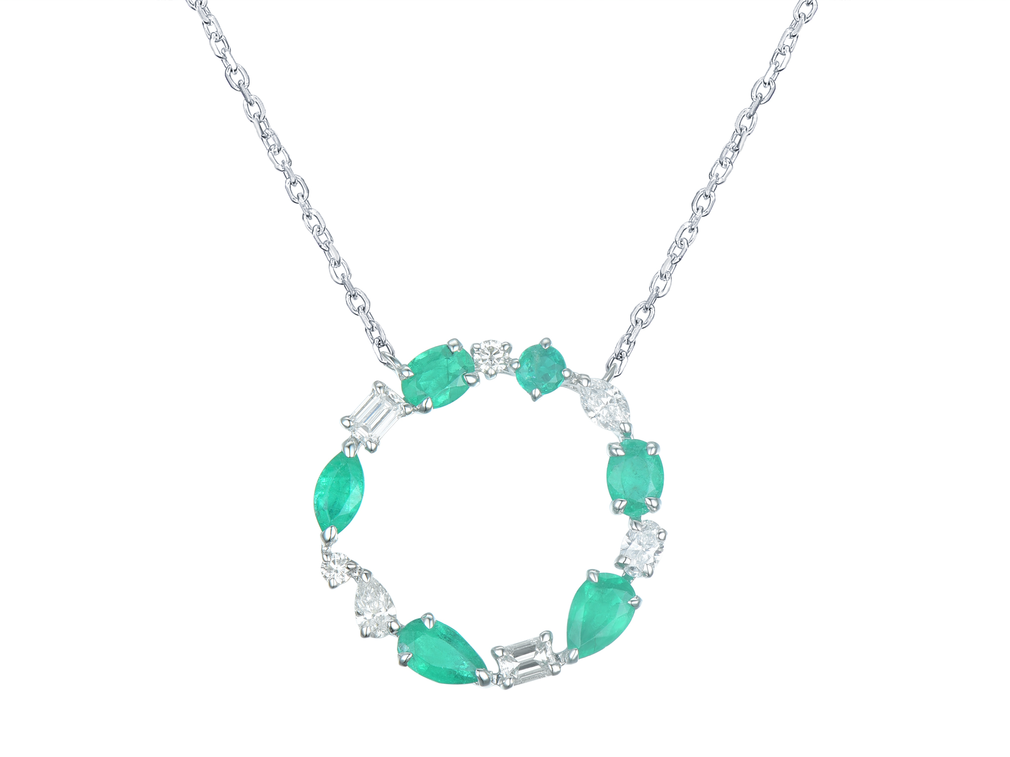 Haakonsen rundt anheng med smaragder og diamanter i hvitt gull 0.40 ct.